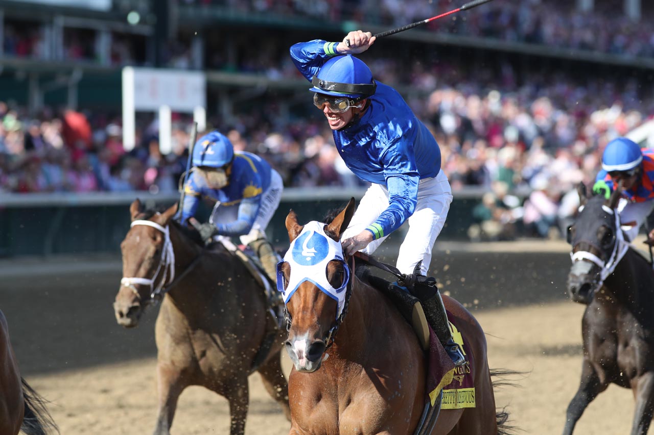 Pretty Mischievous winning the 2023 Kentucky Oaks (G1) at Churchill Downs (Photo by Horsephotos.com)